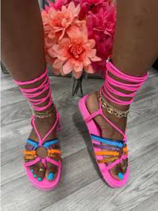 Cape Robbin Shoes - 930. NIB Cape Robbin Neon Pink Multicolor Lace-Up Flat Sandals
